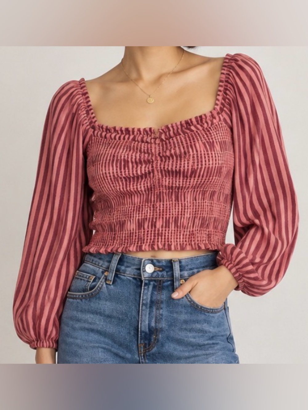 AMERICAN EAGLE Rose And Maroon Striped Smocked Square-Neck Crop Top Size S NWT